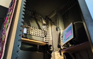 Fotografía de Audio Home Studio con pantalla, micrófonos y teclado